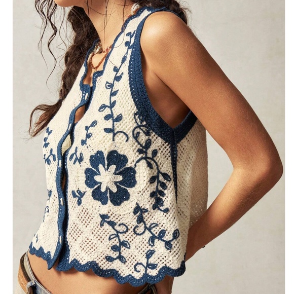 Boho Floral Print Button Down Crochet Shirt Vest - Picture 5 of 5